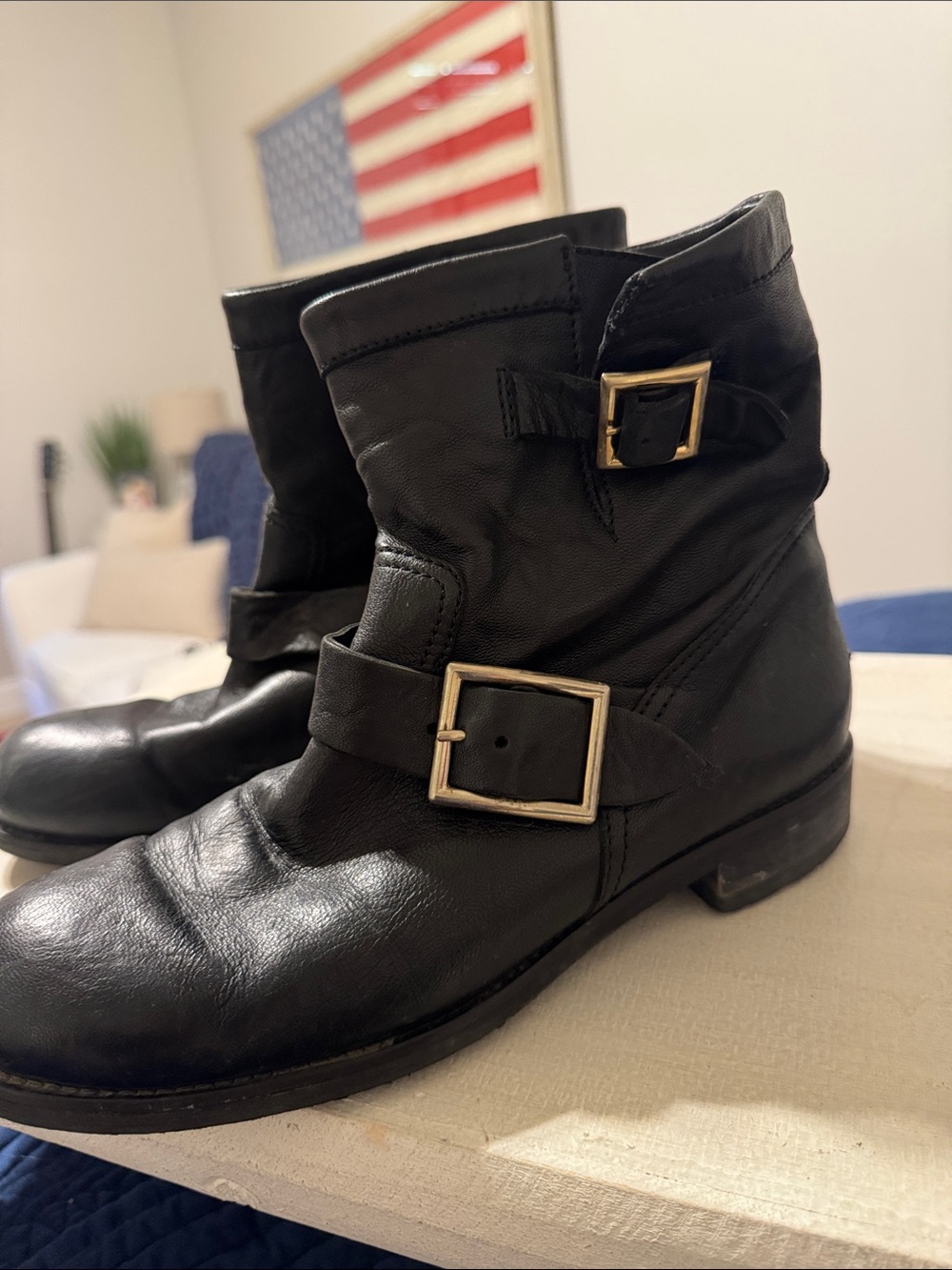 Jimmy Choo Moto Black Leather Buckle Ankle Boots